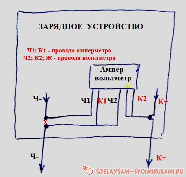 Схема подключения амперметра с шунтом в зарядном устройстве