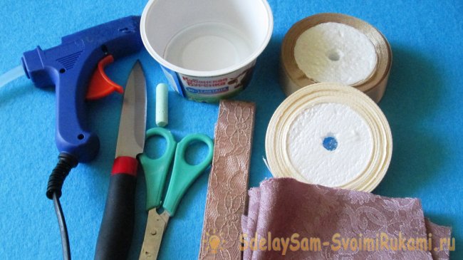 Корзинка из баночки от сметаны и атласных лент