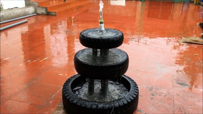 Как сделать трехъярусный садовый фонтанчик из старых покрышек