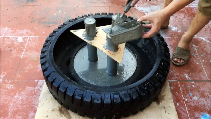 Как сделать трехъярусный садовый фонтанчик из старых покрышек