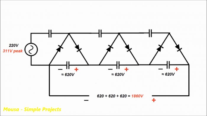 Схема преобразователя на удвоителях напряжения