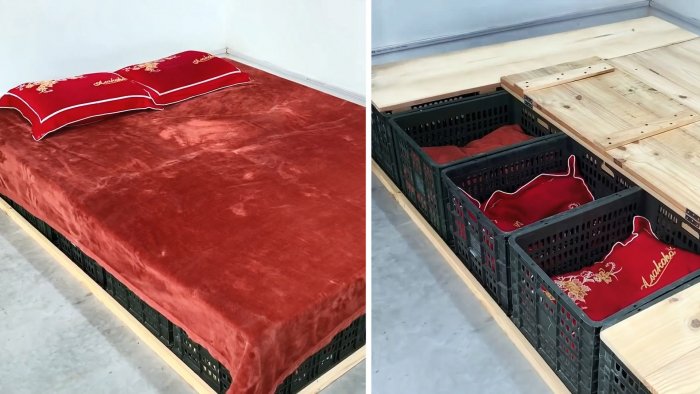 Кровать из пластиковых овощных ящиков с многочисленными местами для хранения